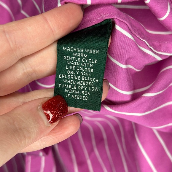 Lauren Ralph Lauren Pink White Stripe Button Down Shirt Embroidered Women M Prep - Picture 5 of 8